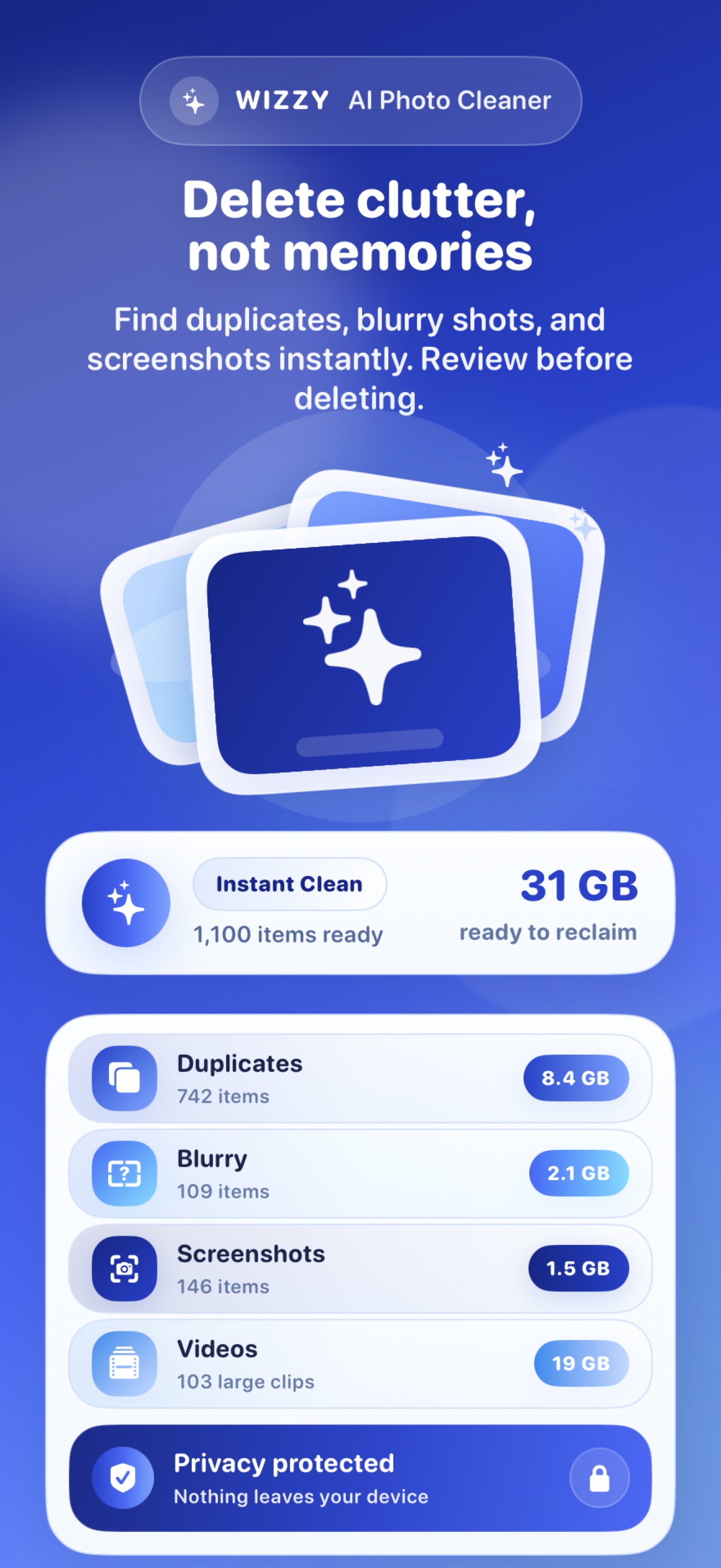 Wizzy App Store screenshot showing cleanup categories, storage savings, and review-first deletion controls.